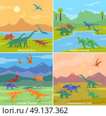 Dinosaurs 2x2 Design Concept. Dinosaurs 2x2 design concept set of cartoon compositions of jurassic triassic cretaceous and mesozoic periods flat vector illustration . Стоковая иллюстрация, агентство Ingram Publishing / Фотобанк Лори