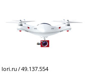 White Drone With Red Camera. Single white drone with red camera for photography or video surveillance in realistic style isolated vector illustration. Стоковая иллюстрация, агентство Ingram Publishing / Фотобанк Лори