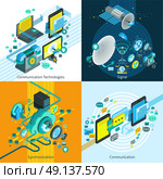 Telecom Isometric 2x2 Design Concept. Telecom network mobile isometric 2x2 design concept with elements of synchronization and connection and satellite dish images vector illustration    . Стоковая иллюстрация, агентство Ingram Publishing / Фотобанк Лори