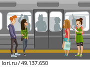 Subway People Background . Subway people background with underground train and commuters flat vector illustration. Стоковая иллюстрация, агентство Ingram Publishing / Фотобанк Лори