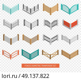 Fences Types Icons Isometric Transparent Set. Fences for real estate boundaries from wood and wrought iron isometric icons collection transparent background isolated vector illustration . Стоковая иллюстрация, агентство Ingram Publishing / Фотобанк Лори
