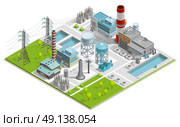 Vector Illustration Of Boiler Factory. Vector illustration of boiler factory for production of thermal and electrical energy with power line supports isometric concept . Стоковая иллюстрация, агентство Ingram Publishing / Фотобанк Лори