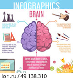 Brain Cerebral Hemispheres Functions Infographic Poster. Human brain left and right cerebral hemispheres functions infographic retro cartoon education learning aid poster vector illustration . Стоковая иллюстрация, агентство Ingram Publishing / Фотобанк Лори