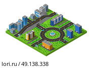 Isometric City Street Composition Poster . City business and residential districts isometric map poster with circular roundabout intersection with central island abstract vector illustration       . Стоковая иллюстрация, агентство Ingram Publishing / Фотобанк Лори