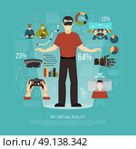 Virtual Reality Vector Illustration. Virtual reality vector illustration with gamer wearing augmented reality glasses joystick wired gloves and other gadgets for games. Стоковая иллюстрация, агентство Ingram Publishing / Фотобанк Лори