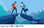Two men standing on opposite cliff edges, reaching out to shake hands over a wide gap in the mountain. Стоковое AI-изображение, AI-художник Данила Большаков / Фотобанк Лори