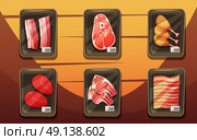 Top View Of Counter With Trays Of Meat Products. Top view of meat counter with trays of chicken legs chops loin brisket in cartoon style flat vector illustration . Стоковая иллюстрация, агентство Ingram Publishing / Фотобанк Лори