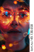 A woman with glasses in focus against a blurry background, highlighting her facial features. Стоковое AI-изображение, AI-художник Данила Большаков / Фотобанк Лори