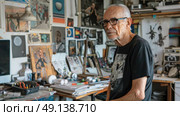 An elderly artist stands in a cluttered studio, surrounded by paintings, sketches, and various art materials. Sunlight filters through a window, illuminating the workspace. Стоковое AI-изображение, AI-художник Данила Большаков / Фотобанк Лори
