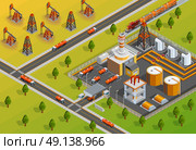 Oill Industry Refinery Facility Isometric Poster . Petroleum industrial refinery plant facility for processing crude oil in gasoline and diesel fuel isometric poster vector illustration . Стоковая иллюстрация, агентство Ingram Publishing / Фотобанк Лори