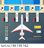 Airport Apron Plane At Jet Bridge . Airport apron planes airfield area with aircraft at jet bridge and ground srvice top view abstract vector illustration. Стоковая иллюстрация, агентство Ingram Publishing / Фотобанк Лори