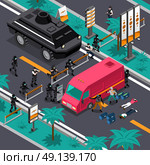 Swat In Action Isometric Composition Poster . Swat unit team tactics in action searching for gunman isometric composition poster with blocking streets vector illustration . Стоковая иллюстрация, агентство Ingram Publishing / Фотобанк Лори