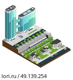 Isometric Skyscrapers And Suburban Houses Composition. Isometric skyscrapers and suburban houses near railway tunnel composition vector illustration. Стоковая иллюстрация, агентство Ingram Publishing / Фотобанк Лори