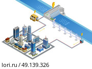 Hydroelectric Station Isometric Poster. Scheme of modern city energy supply by hydroelectric station with dam generator and transformer isometric poster vector illustration. Стоковая иллюстрация, агентство Ingram Publishing / Фотобанк Лори