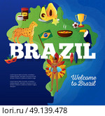 Brazil Travel Map Symbols Flat Poster . Brasil cultural symbols map for travelers flat poster with toucan bird and football cup trophy abstract vector illustration . Стоковая иллюстрация, агентство Ingram Publishing / Фотобанк Лори