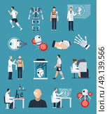  Bionics Icons Set . Bionics icons set with technology and science symbols on blue background flat isolated vector illustration . Стоковая иллюстрация, агентство Ingram Publishing / Фотобанк Лори