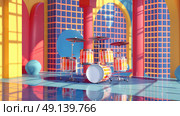 A drum set positioned in a brightly colored room, creating a lively and energetic atmosphere. Стоковое AI-изображение, AI-художник Данила Большаков / Фотобанк Лори