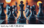 A detailed view of a chess board with various pieces strategically placed on the squares. Стоковое AI-изображение, AI-художник Данила Большаков / Фотобанк Лори
