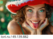A woman sitting on a couch with her tongue out in a playful manner. Стоковое AI-изображение, AI-художник Данила Большаков / Фотобанк Лори