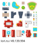 Icon Set Of City Elements. Top view set of houses pools vehicles road junctions and other city elements isolated vector illustration. Стоковая иллюстрация, агентство Ingram Publishing / Фотобанк Лори