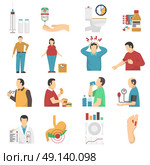 Diabetes Symptoms Icons Set. Diabetes symptoms icons set of people with weight disorders headaches suffering from thirst and overeating flat vector illustration . Стоковая иллюстрация, агентство Ingram Publishing / Фотобанк Лори