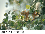 A squirrel perched atop a tree branch, showcasing its agility and balance in its natural habitat. Стоковое AI-изображение, AI-художник Данила Большаков / Фотобанк Лори