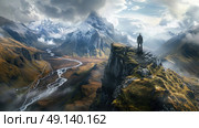 A man standing triumphantly on the summit of a mountain, surrounded by breathtaking views. Стоковое AI-изображение, AI-художник Данила Большаков / Фотобанк Лори