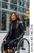 A woman in a wheelchair is positioned outside of a building. Стоковое AI-изображение, AI-художник Данила Большаков / Фотобанк Лори