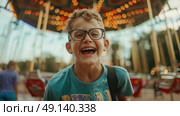 A young boy wearing glasses stands in front of a merry go round, looking fascinated. Стоковое AI-изображение, AI-художник Данила Большаков / Фотобанк Лори