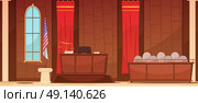 Law Justice Courtroom Sitting  Retro Poster. American court of law judicial legal proceedings in courthouse with flag  and jury box retro poster vector illustration. Стоковая иллюстрация, агентство Ingram Publishing / Фотобанк Лори