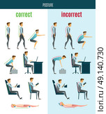 Correct And Incorrect Posture Flat Icons. Correct and incorrect posture flat icons with men in standing sitting and lying poses isolated vector illustration  . Стоковая иллюстрация, агентство Ingram Publishing / Фотобанк Лори