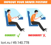 Spine Postures For Driver Illustration. Correct and incorrect driver sitting postures for healthy spine isolated on white background flat vector illustration. Стоковая иллюстрация, агентство Ingram Publishing / Фотобанк Лори