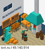 Blacksmith Shop Facility Indoor Isometric Poster . Blacksmith forging wrought iron on anvil isometric poster with smith shop tools materials and machinery vector illustration  . Стоковая иллюстрация, агентство Ingram Publishing / Фотобанк Лори