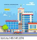 Hospital Flat Illustration. Hospital building and emergency car on cityscape background flat vector illustration. Стоковая иллюстрация, агентство Ingram Publishing / Фотобанк Лори