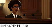 A cartoon character of a woman standing in a courtroom with a judge, lawyer, and audience present, illustrating a legal proceeding. Стоковое AI-изображение, AI-художник Данила Большаков / Фотобанк Лори