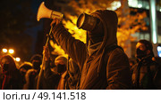 A man in a hooded jacket holding a megaphone, ready to make an announcement or address a crowd. Стоковое AI-изображение, AI-художник Данила Большаков / Фотобанк Лори