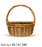 Basket Realistic Side View Image. Traditional country style willow peasant basket with handle close-up side view with shadow realistic vector illustration . Стоковая иллюстрация, агентство Ingram Publishing / Фотобанк Лори