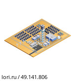 Solar Station Model Isometric Image. Model of solar station complex with mirror plates tower transformers control centre and parking isometric vector illustration. Стоковая иллюстрация, агентство Ingram Publishing / Фотобанк Лори
