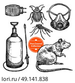 Hand Drawn Sketch Pest Control. Hand drawn monocrome sketch pest control set with insects rodent and repellent isolated on white background vector illustration. Стоковая иллюстрация, агентство Ingram Publishing / Фотобанк Лори