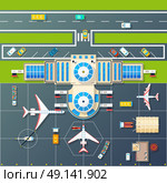 Airport Parking Top View Flat Image    . Airport building and parking airfield area for planes and helicopter with motorway top view abstract vector illustration . Стоковая иллюстрация, агентство Ingram Publishing / Фотобанк Лори
