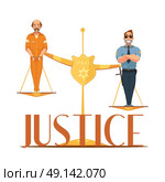 Law Justice Retro Cartoon Composition Poster. Law jurisdictions and scale of justice symbolic composition with convict and police officer retro cartoon vector illustration . Стоковая иллюстрация, агентство Ingram Publishing / Фотобанк Лори
