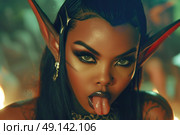 A dark elven woman with exaggerated ears and intricate makeup, adorned with large red earrings, sticks her tongue out in a dimly lit, mystical setting. Стоковое AI-изображение, AI-художник Данила Большаков / Фотобанк Лори