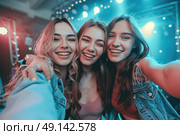 A group of diverse young women standing closely together, appearing confident and united. Стоковое AI-изображение, AI-художник Данила Большаков / Фотобанк Лори