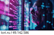 Engineer wearing glasses closely examines servers in a high-tech data center. The facility is illuminated by blue and pink futuristic lighting. It is nighttime. Стоковое AI-изображение, AI-художник Данила Большаков / Фотобанк Лори