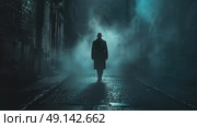 A man strides down a dimly lit city street at night. Стоковое AI-изображение, AI-художник Данила Большаков / Фотобанк Лори
