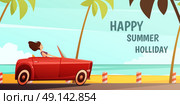 Retro Car Summer Holiday Vacation Poster . Summer holiday tropical island vacation vintage poster with girl driving retro red cabrio automobile cartoon vector illustration . Стоковая иллюстрация, агентство Ingram Publishing / Фотобанк Лори