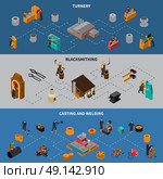 Metalworking Process Isometric Infographic Banners Set . Metalworking processes 3 isometric flowchart infographic elements banners set with blacksmith casting and welding isolated vector illustration . Стоковая иллюстрация, агентство Ingram Publishing / Фотобанк Лори