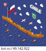 Touristic Attractions Symbols Isometric Chile Map. Chilean tourists attractions symbols isometric map with national flag food  and places of interest poster vector illustration . Стоковая иллюстрация, агентство Ingram Publishing / Фотобанк Лори
