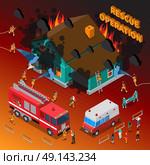 Fireman Isometric Template. Fireman isometric template with firefighters extinguishing burning house hose truck people and ambulance vector illustration . Стоковая иллюстрация, агентство Ingram Publishing / Фотобанк Лори
