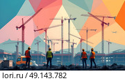 Construction site with cranes and workers in hard hats, vests, and jeans, set against a geometric Bauhaus backdrop. Стоковое AI-изображение, AI-художник Iva Noel / Фотобанк Лори